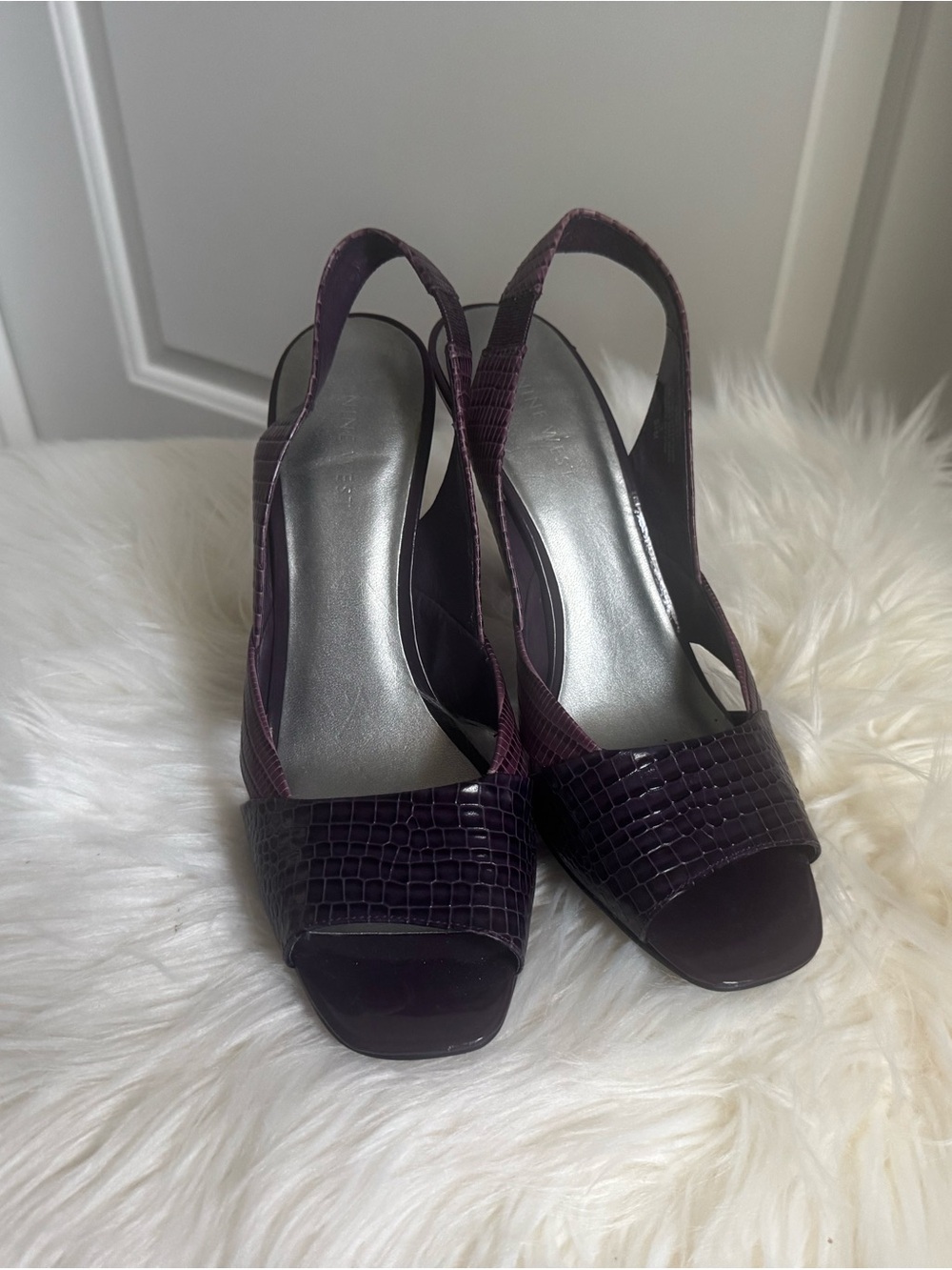 Nine West Dark Purple Croc-Embossed Slingback Heels